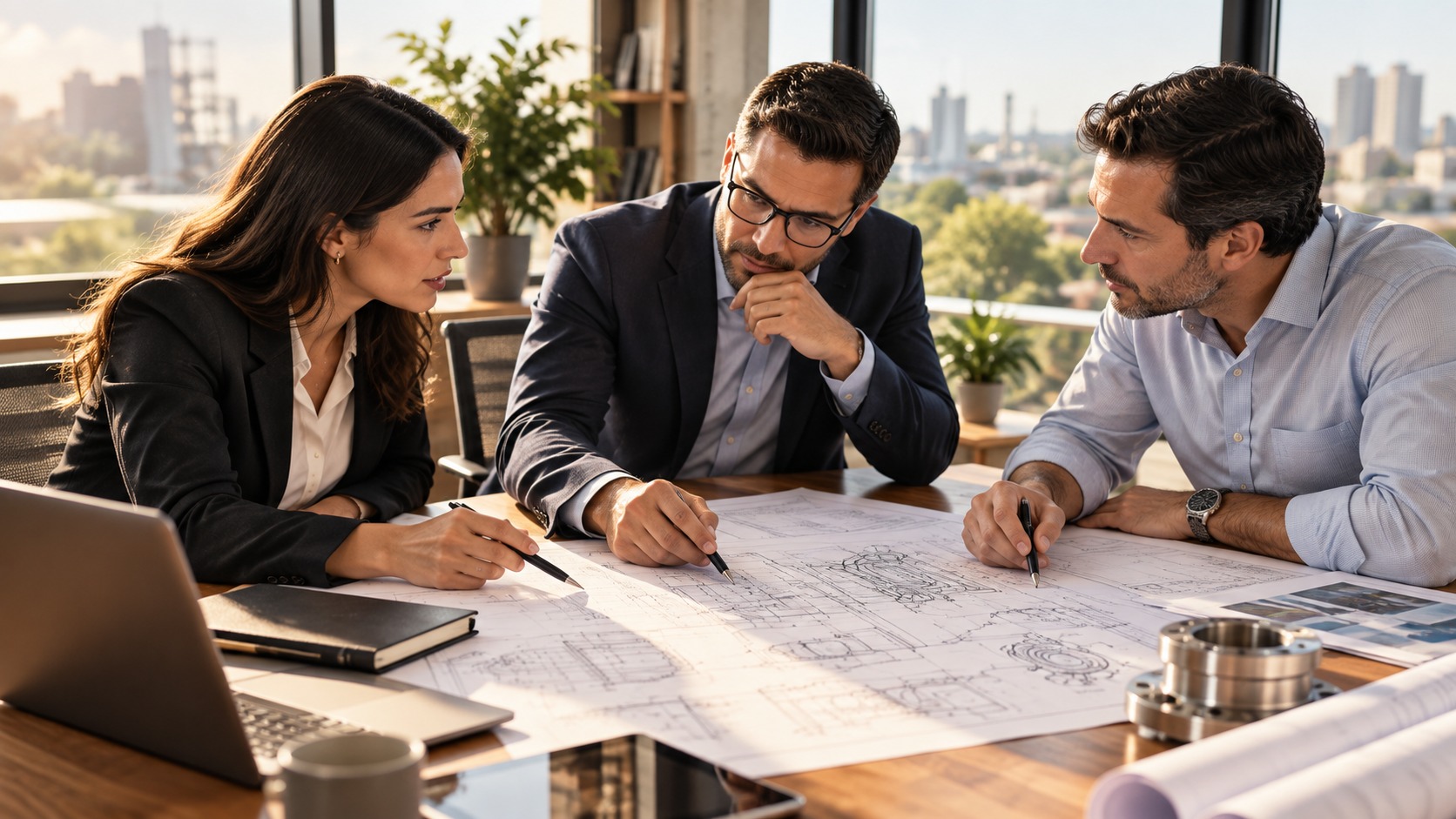 Asesores revisando un proyecto industrial