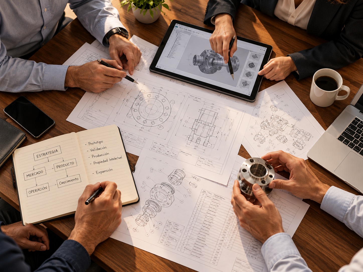 Mesa de trabajo con planos y equipo de consultoría